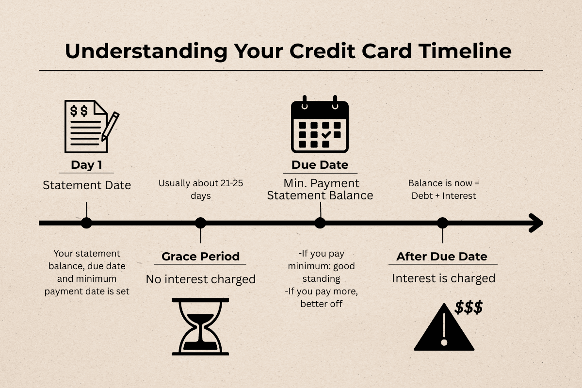 Credit card billing timeline infographic showing statement date → grace period (about 21–25 days) → due date (minimum payment vs full statement balance) → after due date (interest charged if you carry a balance).